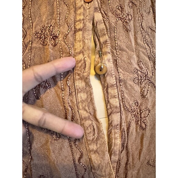 VTG Embroidered Maxi Dress  Free Size Button Front Rayon Tie Fringe Boho Cottage - Picture 7 of 13